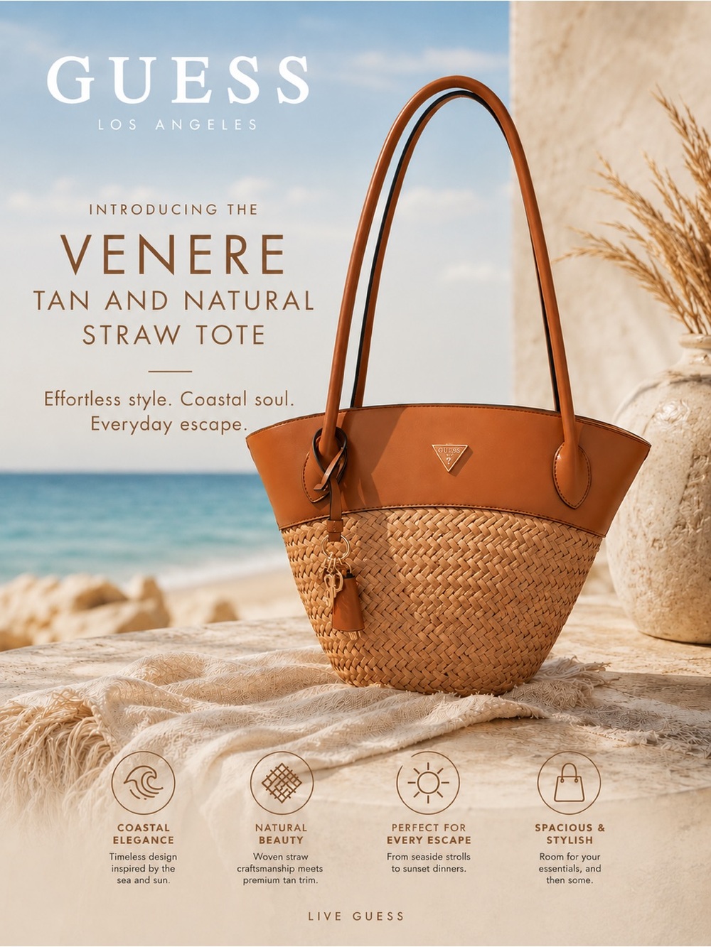 New GUESS Venere Large Tote Shoulder Bag, Natural/Caramel